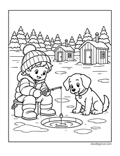 A child in a winter coat and a knit hat ice fishing by a hole, with a puppy, snowy pine trees and ice fishing huts