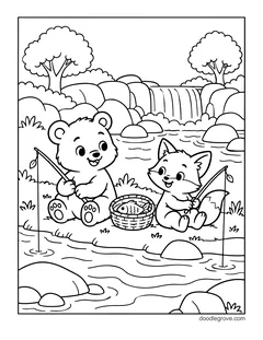 A bear cub and a fox fishing side by side on a riverbank with a basket of fish, with a waterfall, rocks and trees