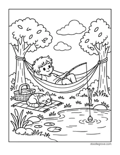 A boy relaxing in a hammock with a fishing rod, with a sleeping cat on a picnic blanket, a basket and a pond