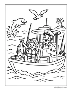 A boy holding up a fish beside a captain on a fishing boat, with rods, a dolphin, a seagull and a palm island