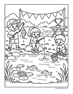Three kids fishing at a pond, one holding up a fish, with a trophy on a table, bunting, a net and fish in the water