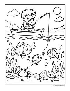 A boy fishing from a boat while fish, a crab and a shell wait under the water with seaweed