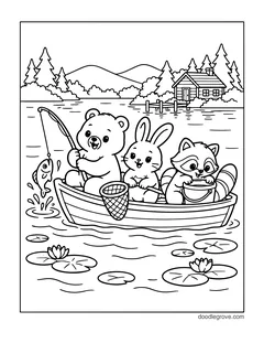 A bear cub fishing with a bunny and a raccoon in a rowboat on a lake with a net and a bucket, with a cabin and pine trees