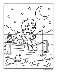 A boy and a kitten fishing from a dock at night with a lantern, with a moon, stars and a frog on a lily pad