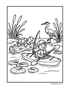 A boy in a life jacket paddling a kayak with a fishing rod, with a turtle on a log, a heron, cattails and lily pads