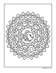 A round mandala with a fish in the middle, ringed by bobbers, little fish, hooks and leaves