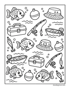 Fish, bobbers, bucket hats, tackle boxes, fishing rods, lures and boats spread across the page
