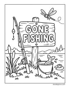 A wooden sign reading Gone Fishing by the water, with a fishing rod, a bucket with a fish, cattails and a dragonfly