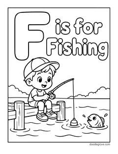 The words F is for Fishing above a boy in a cap fishing from a dock, with a fish and a bobber