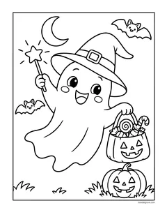 A ghost in a witch hat waving a star wand and carrying a jack-o'-lantern candy bucket, with two bats and a crescent moon