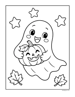 A happy ghost hugging a smiling jack-o'-lantern, with stars above and autumn leaves below