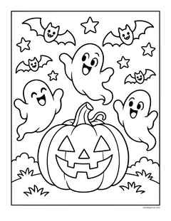 Three laughing ghosts and five bats flying around a big jack-o'-lantern on a grassy hill