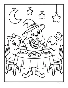 Three ghosts, one with a bow, one in a witch hat and one in a top hat, pouring tea from a pumpkin teapot at a table with cookies