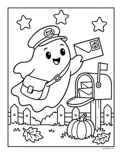 A ghost in a mail carrier cap with a shoulder bag delivering a letter to a mailbox beside a picket fence and a pumpkin