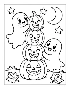Two ghosts peeking around a tower of four stacked jack-o'-lanterns, each with a different face