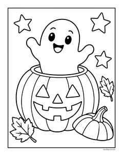 A cheerful ghost popping out of a hollow jack-o'-lantern, with a small pumpkin, leaves and stars