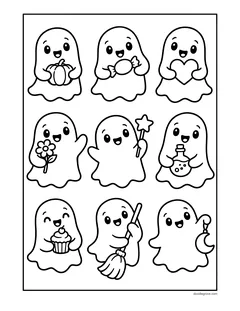 A grid of nine small ghosts holding a pumpkin, a candy, a heart, a flower, a wand, a potion, a cupcake, a broom and a moon