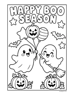 The words Happy Boo Season in bubble letters above two ghosts with balloons and a broom, bats, stars and two jack-o'-lanterns