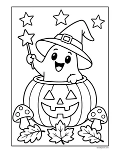 A ghost in a witch hat holding a star wand and peeking out of a jack-o'-lantern, with spotted mushrooms and leaves around it