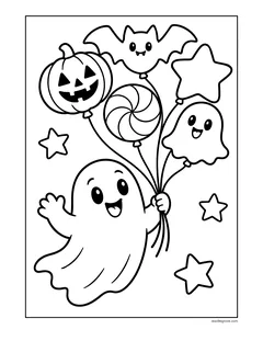 A waving ghost holding a bunch of balloons shaped like a jack-o'-lantern, a bat, a star, a lollipop and a little ghost
