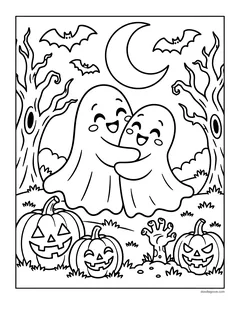 Two ghosts hugging in a forest with bare trees, bats, a crescent moon, three jack-o'-lanterns and a hand poking out of the ground