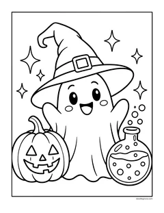 A ghost in a witch hat standing between a jack-o'-lantern and a bubbling potion bottle, with sparkles around it