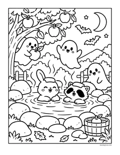 Ghosts floating over a pond where a bunny and a raccoon are bobbing for apples, with an apple tree, bats and a crescent moon
