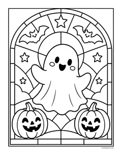 A ghost, two jack-o'-lanterns, bats and stars laid out like a stained glass window with an arched top