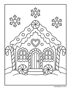 A gingerbread house with candy canes on both sides, a heart on the gable, peppermints by the door and snowflakes