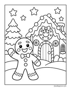 A gingerbread man waving on a snowy hill in front of a gingerbread house with a wreath, with a pine tree and stars