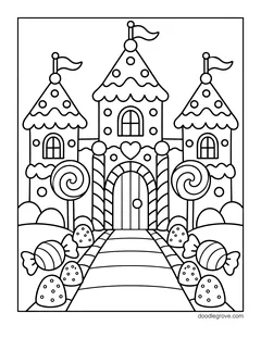 A gingerbread castle with three towers and flags, lollipops, and a path lined with candies and gumdrops
