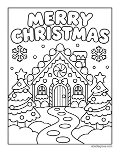 The words Merry Christmas above a gingerbread house with a winding path between two Christmas trees, with snowflakes