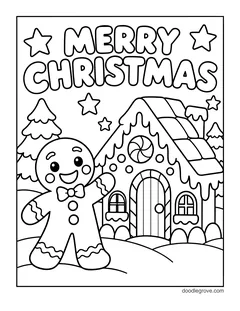 A gingerbread man waving next to a gingerbread house in the snow under the words Merry Christmas, with trees and stars