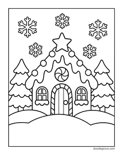 A gingerbread house with a star on the roof between pine trees on a snowy hill, with snowflakes