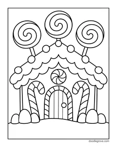 A gingerbread house with three swirly lollipops on the roof, candy cane posts by the door and gumdrops