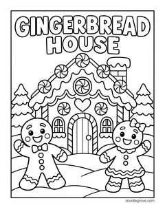 The words Gingerbread House above a gingerbread house with peppermints, with a gingerbread boy and girl in front and pine trees