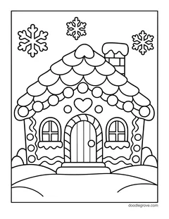 A gingerbread house with a scalloped shingle roof, a heart over the door, a chimney and snowflakes