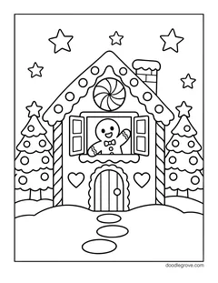 A gingerbread man waving from the open window of a gingerbread house with a peppermint on the roof, pine trees, hearts and stars