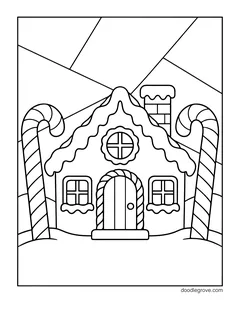 A gingerbread house with a chimney between two tall candy canes, on a background split into panels