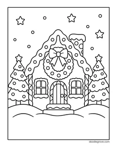 A gingerbread house with a wreath and a bow on the gable, between two Christmas trees, with stars and falling snow