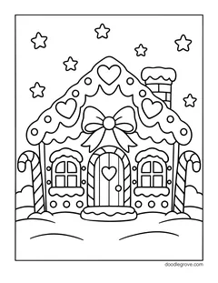 A gingerbread house with a big bow over the door, hearts on the roof, candy canes and stars
