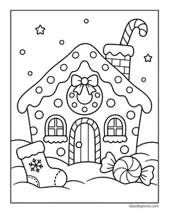 A gingerbread house with a wreath and a candy cane on the chimney, a stocking and a peppermint in the snow