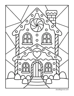A tall gingerbread house with two floors, a big peppermint, a heart and gumdrops, in front of sun rays