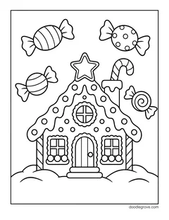 A gingerbread house with a star on top, a candy cane on the roof and wrapped candies floating around it