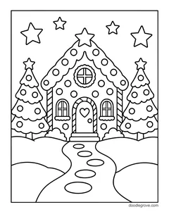 A gingerbread house with a heart on the door between two Christmas trees, with a path of stepping stones and stars