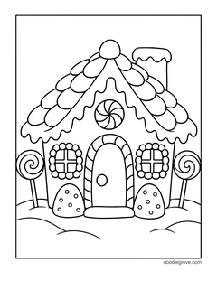 A gingerbread house with a frosted roof, round candy windows, lollipops and gumdrops
