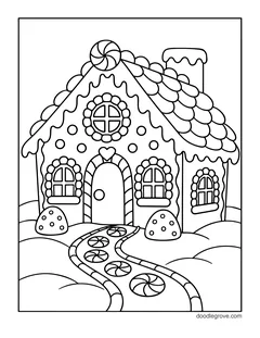 A gingerbread house with a shingle roof, a round window, gumdrops and a winding path of peppermint candies