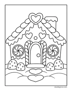 A gingerbread house with a heart on the roof, peppermint windows, gumdrops and heart-shaped stepping stones