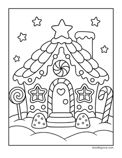 A gingerbread house with a big star on the roof, star-shaped windows, a lollipop, a candy cane and gumdrops