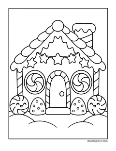 A gingerbread house with a garland of stars, peppermint windows, gumdrops and two smiling peppermints in the snow